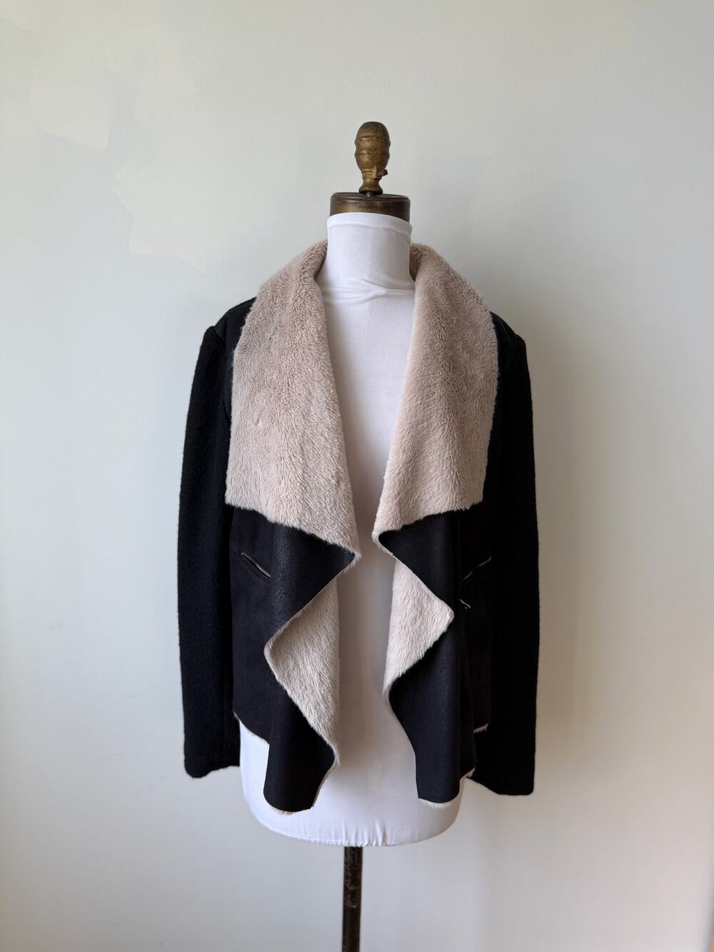 Free People Fate Faux Fur Handkerchief Collar Black Beige Women's Jacket Small
